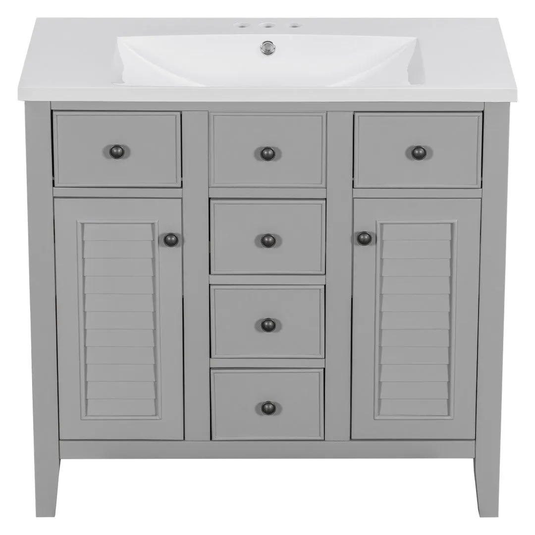 36" Bathroom Vanity, Ceramic Basin, 2 Cabinets, 5 Drawers, Solid Wood Frame, Grey (Old Sku: Sy999202Aae)