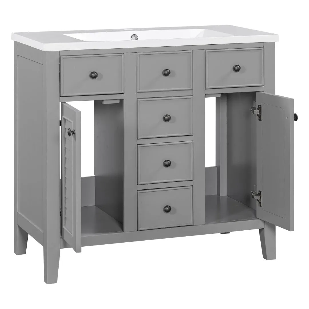 36" Bathroom Vanity, Ceramic Basin, 2 Cabinets, 5 Drawers, Solid Wood Frame, Grey (Old Sku: Sy999202Aae)