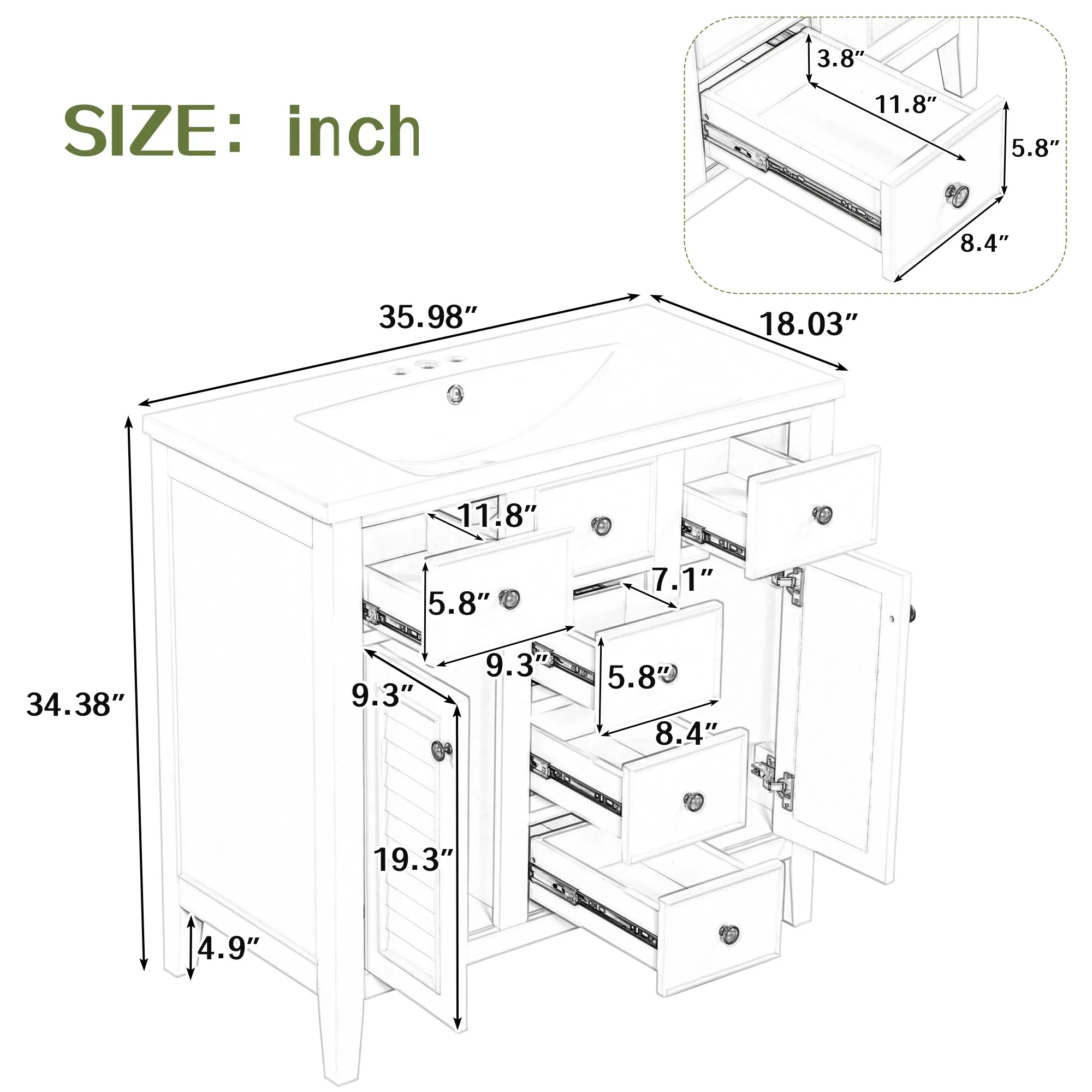 36" Bathroom Vanity, Ceramic Basin, 2 Cabinets, 5 Drawers, Solid Wood Frame, Grey (Old Sku: Sy999202Aae)