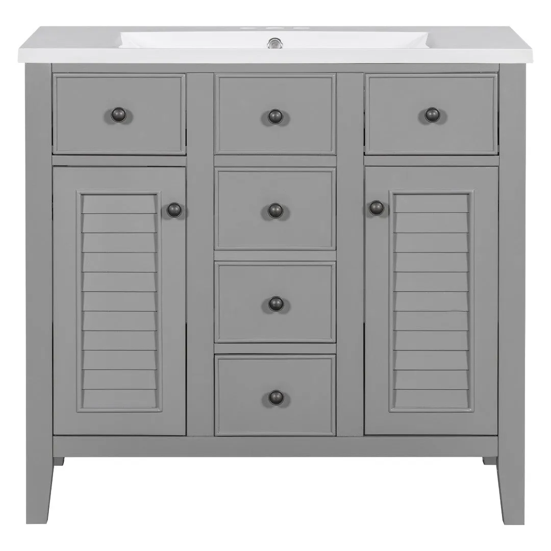 36" Bathroom Vanity, Ceramic Basin, 2 Cabinets, 5 Drawers, Solid Wood Frame, Grey (Old Sku: Sy999202Aae)