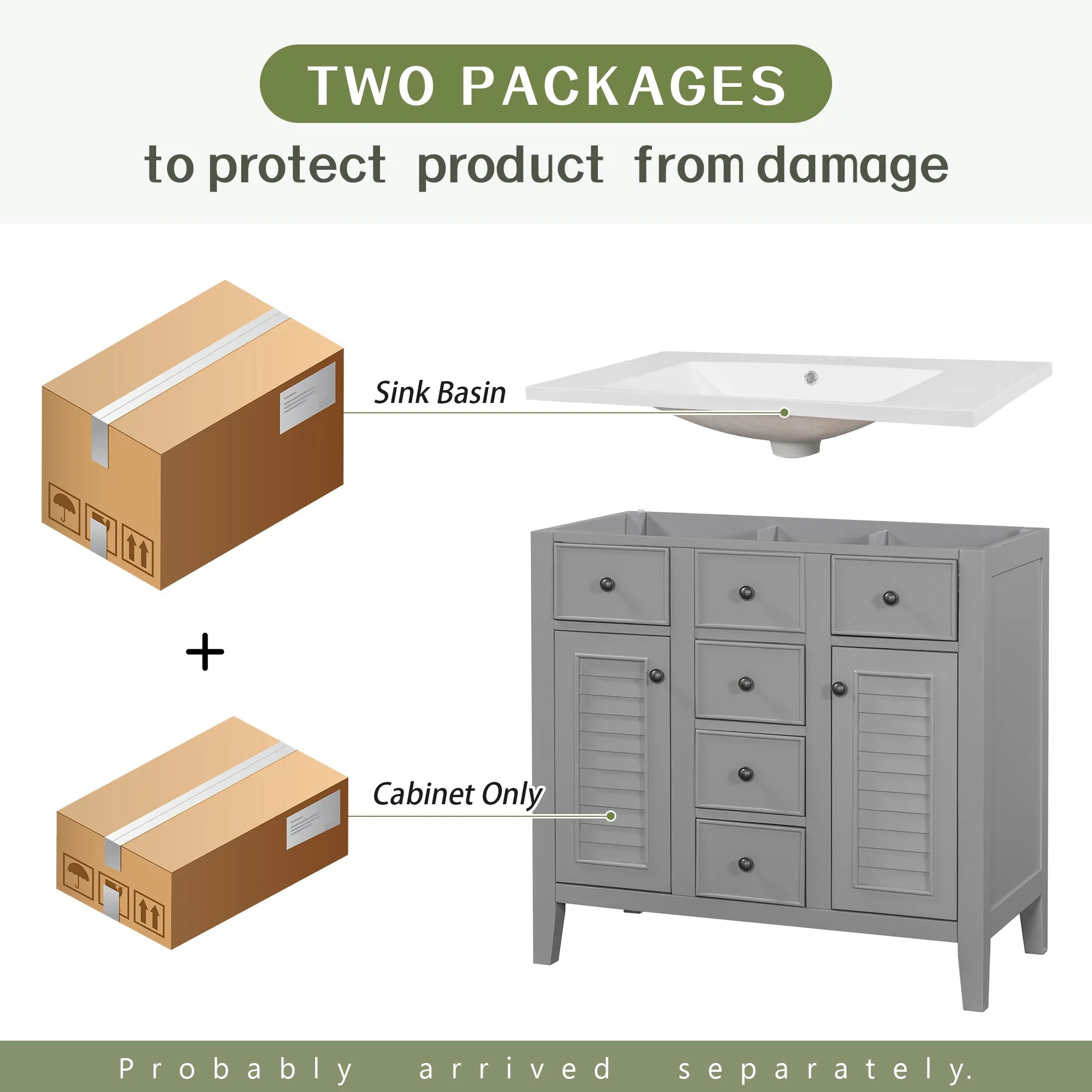 36" Bathroom Vanity, Ceramic Basin, 2 Cabinets, 5 Drawers, Solid Wood Frame, Grey (Old Sku: Sy999202Aae)