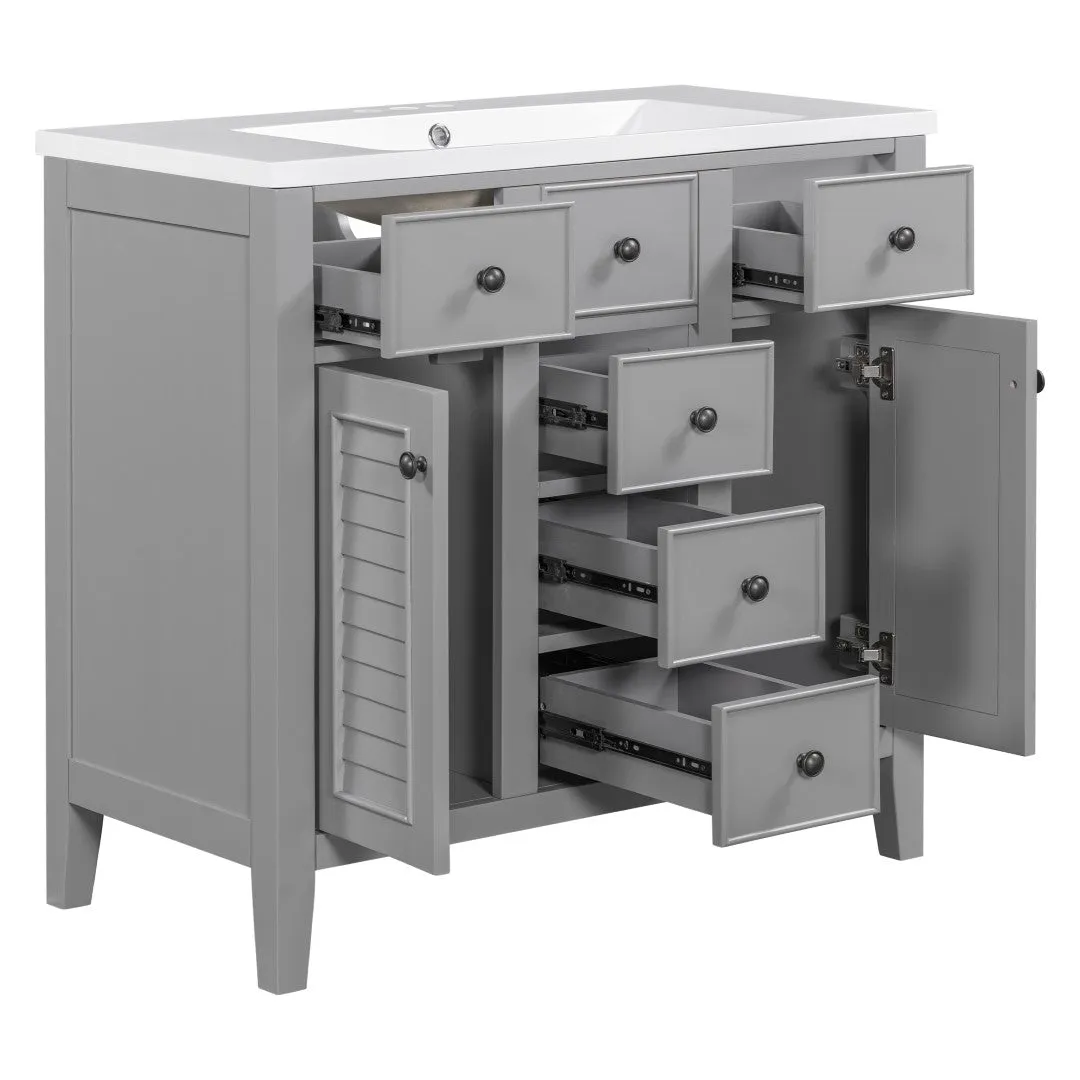 36" Bathroom Vanity, Ceramic Basin, 2 Cabinets, 5 Drawers, Solid Wood Frame, Grey (Old Sku: Sy999202Aae)