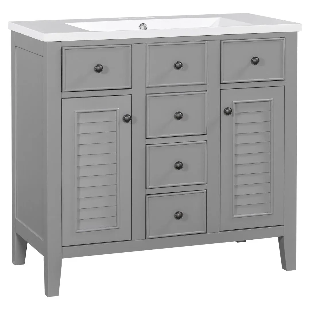 36" Bathroom Vanity, Ceramic Basin, 2 Cabinets, 5 Drawers, Solid Wood Frame, Grey (Old Sku: Sy999202Aae)