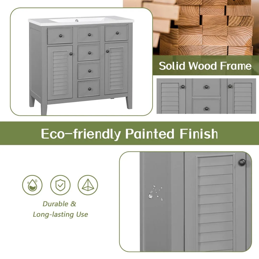 36" Bathroom Vanity, Ceramic Basin, 2 Cabinets, 5 Drawers, Solid Wood Frame, Grey (Old Sku: Sy999202Aae)