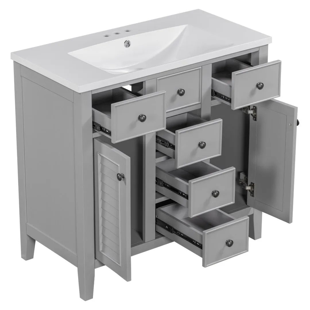 36" Bathroom Vanity, Ceramic Basin, 2 Cabinets, 5 Drawers, Solid Wood Frame, Grey (Old Sku: Sy999202Aae)