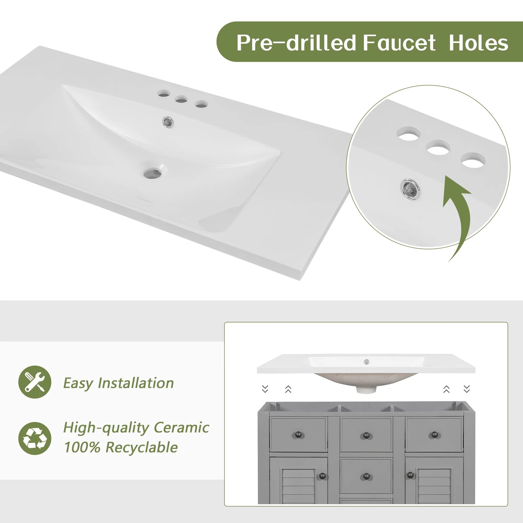 36" Bathroom Vanity, Ceramic Basin, 2 Cabinets, 5 Drawers, Solid Wood Frame, Grey (Old Sku: Sy999202Aae)