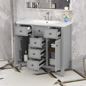 36" Bathroom Vanity, Ceramic Basin, 2 Cabinets, 5 Drawers, Solid Wood Frame, Grey (Old Sku: Sy999202Aae)