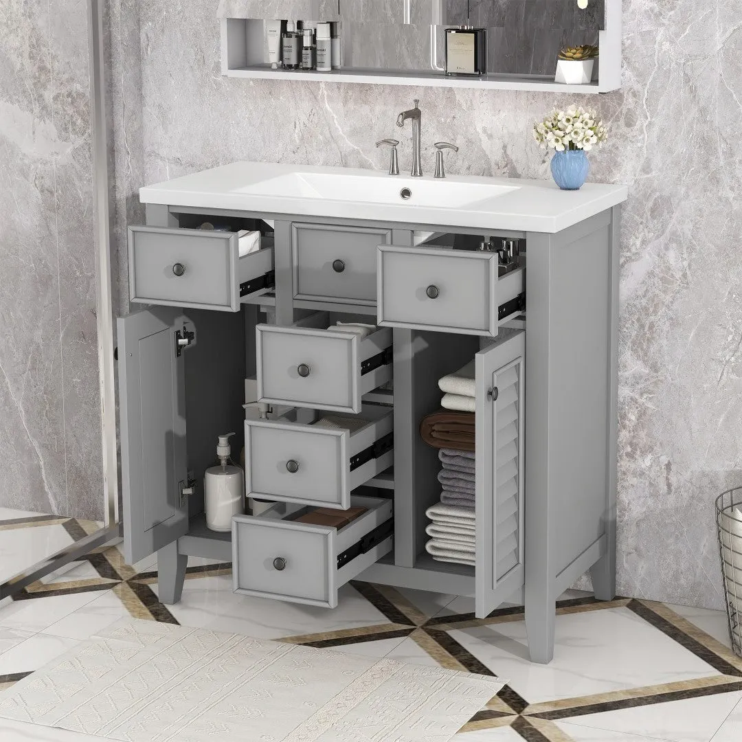 36" Bathroom Vanity, Ceramic Basin, 2 Cabinets, 5 Drawers, Solid Wood Frame, Grey (Old Sku: Sy999202Aae)