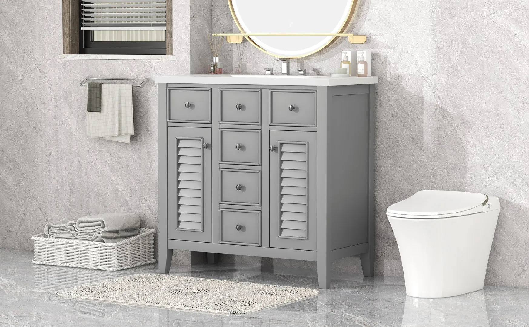 36" Bathroom Vanity, Ceramic Basin, 2 Cabinets, 5 Drawers, Solid Wood Frame, Grey (Old Sku: Sy999202Aae)