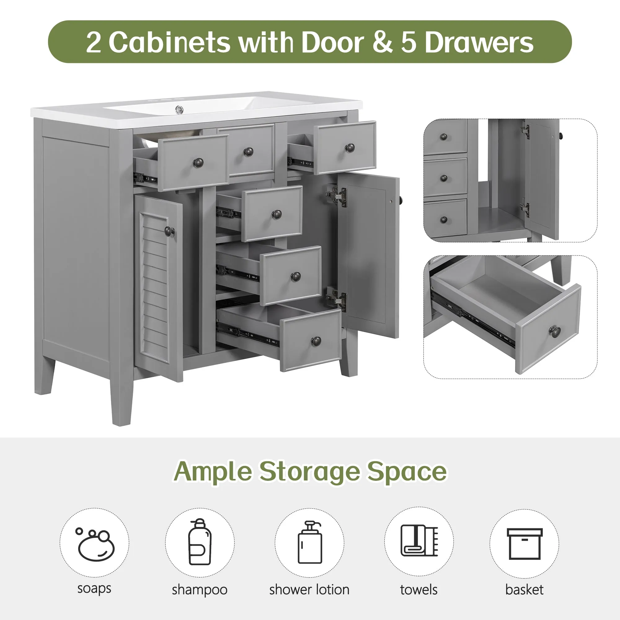 36" Bathroom Vanity, Ceramic Basin, 2 Cabinets, 5 Drawers, Solid Wood Frame, Grey (Old Sku: Sy999202Aae)