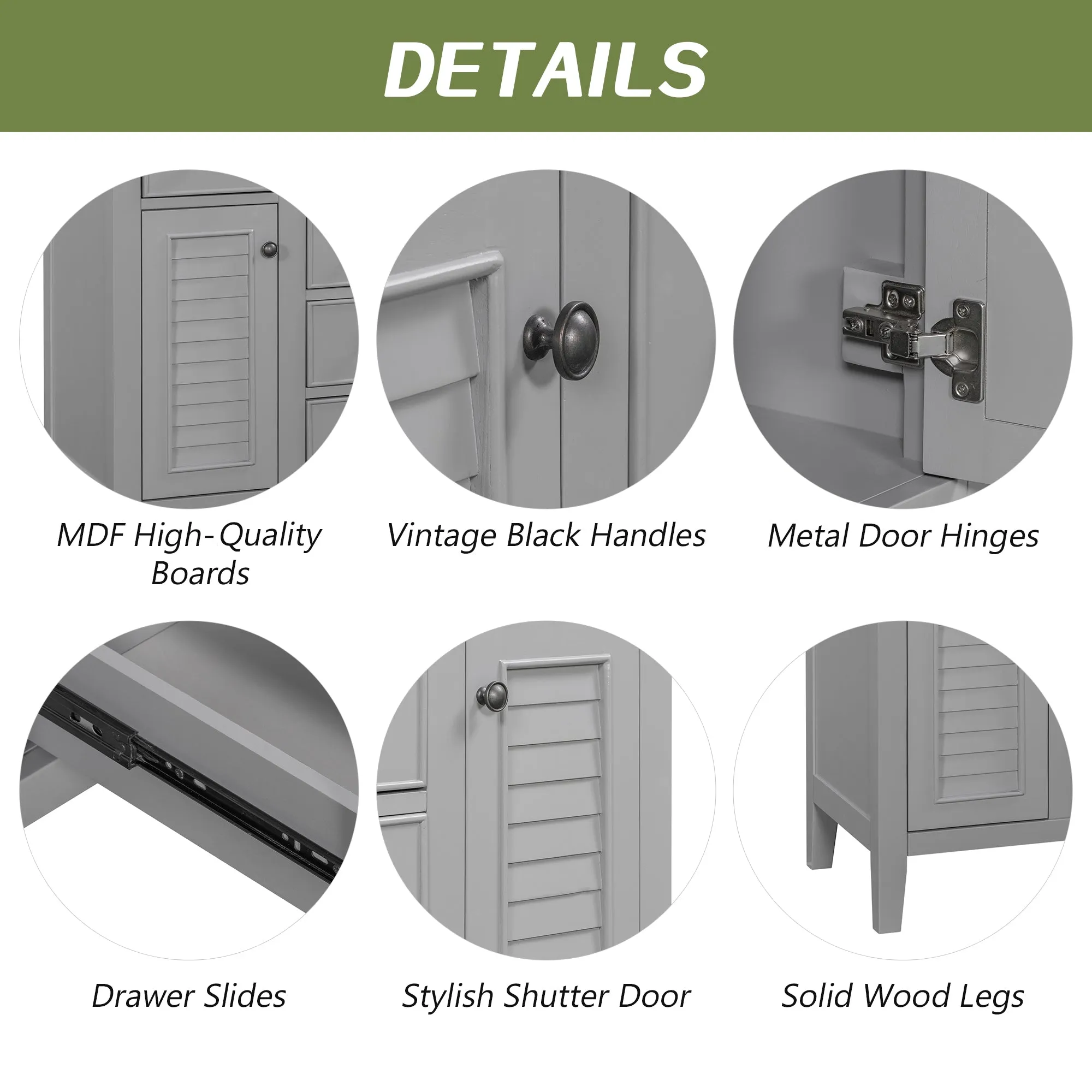 36" Bathroom Vanity, Ceramic Basin, 2 Cabinets, 5 Drawers, Solid Wood Frame, Grey (Old Sku: Sy999202Aae)