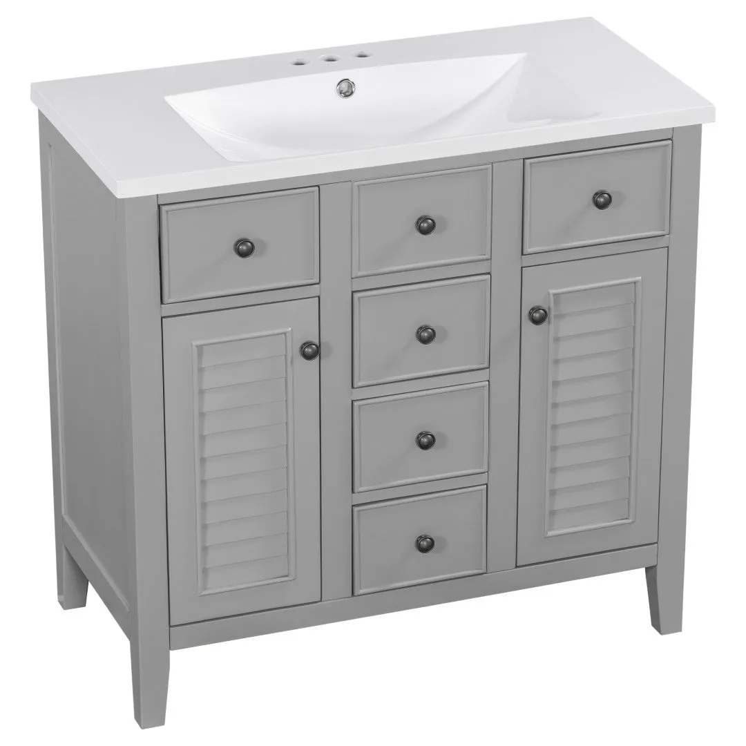 36" Bathroom Vanity, Ceramic Basin, 2 Cabinets, 5 Drawers, Solid Wood Frame, Grey (Old Sku: Sy999202Aae)