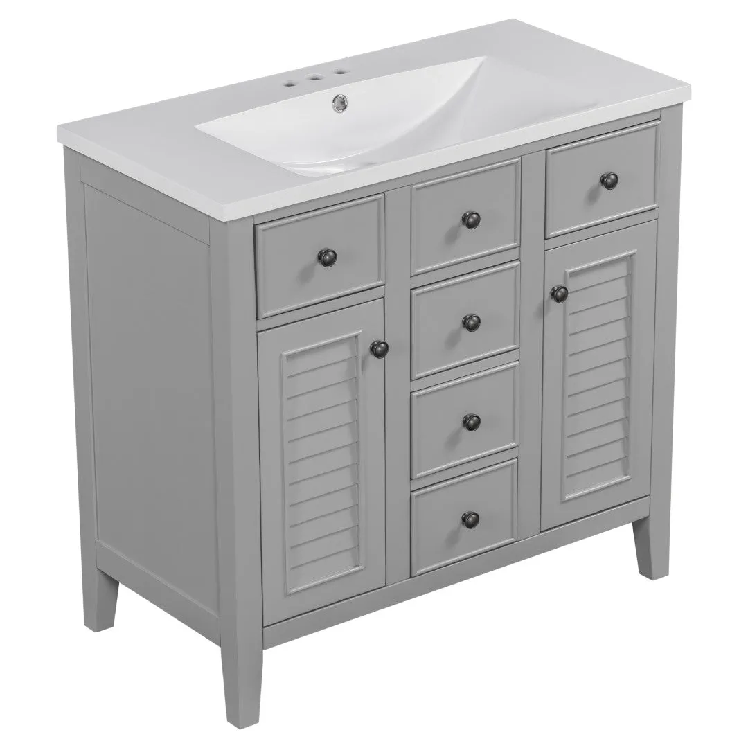 36" Bathroom Vanity, Ceramic Basin, 2 Cabinets, 5 Drawers, Solid Wood Frame, Grey (Old Sku: Sy999202Aae)