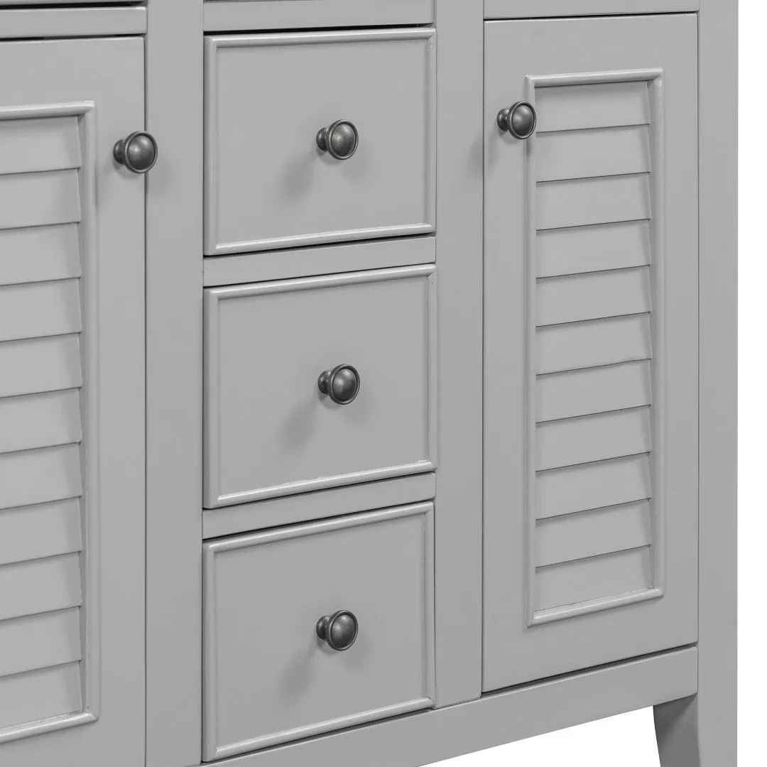 36" Bathroom Vanity, Ceramic Basin, 2 Cabinets, 5 Drawers, Solid Wood Frame, Grey (Old Sku: Sy999202Aae)
