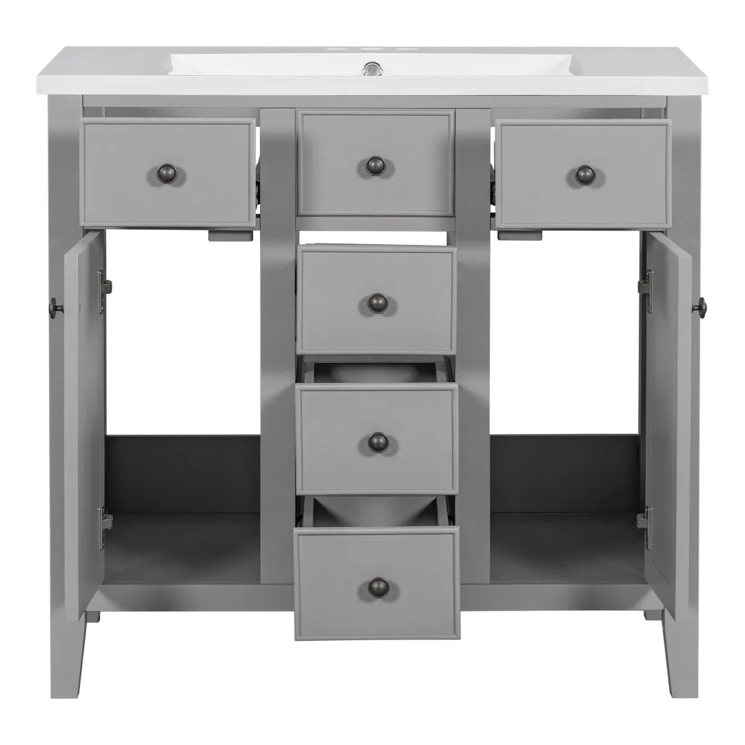 36" Bathroom Vanity, Ceramic Basin, 2 Cabinets, 5 Drawers, Solid Wood Frame, Grey (Old Sku: Sy999202Aae)
