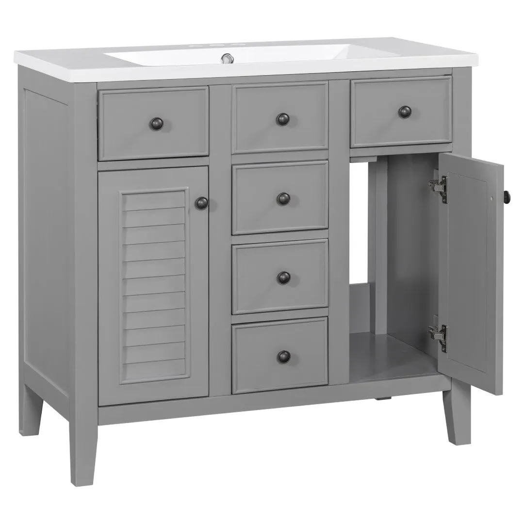 36" Bathroom Vanity, Ceramic Basin, 2 Cabinets, 5 Drawers, Solid Wood Frame, Grey (Old Sku: Sy999202Aae)