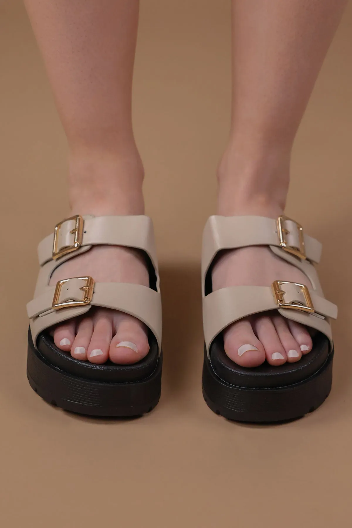 Beige Chunky Buckle Sandals