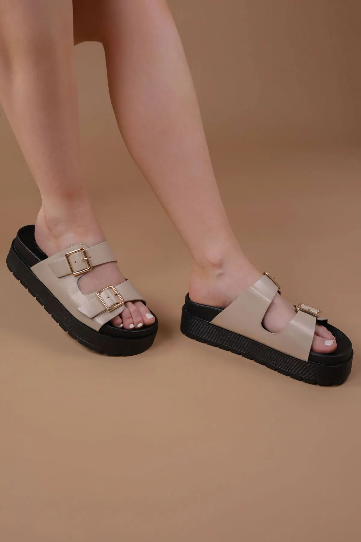 Beige Chunky Buckle Sandals