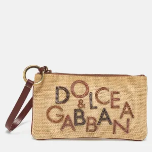 Beige/Brown Raffia and Leather Wristlet Clutch