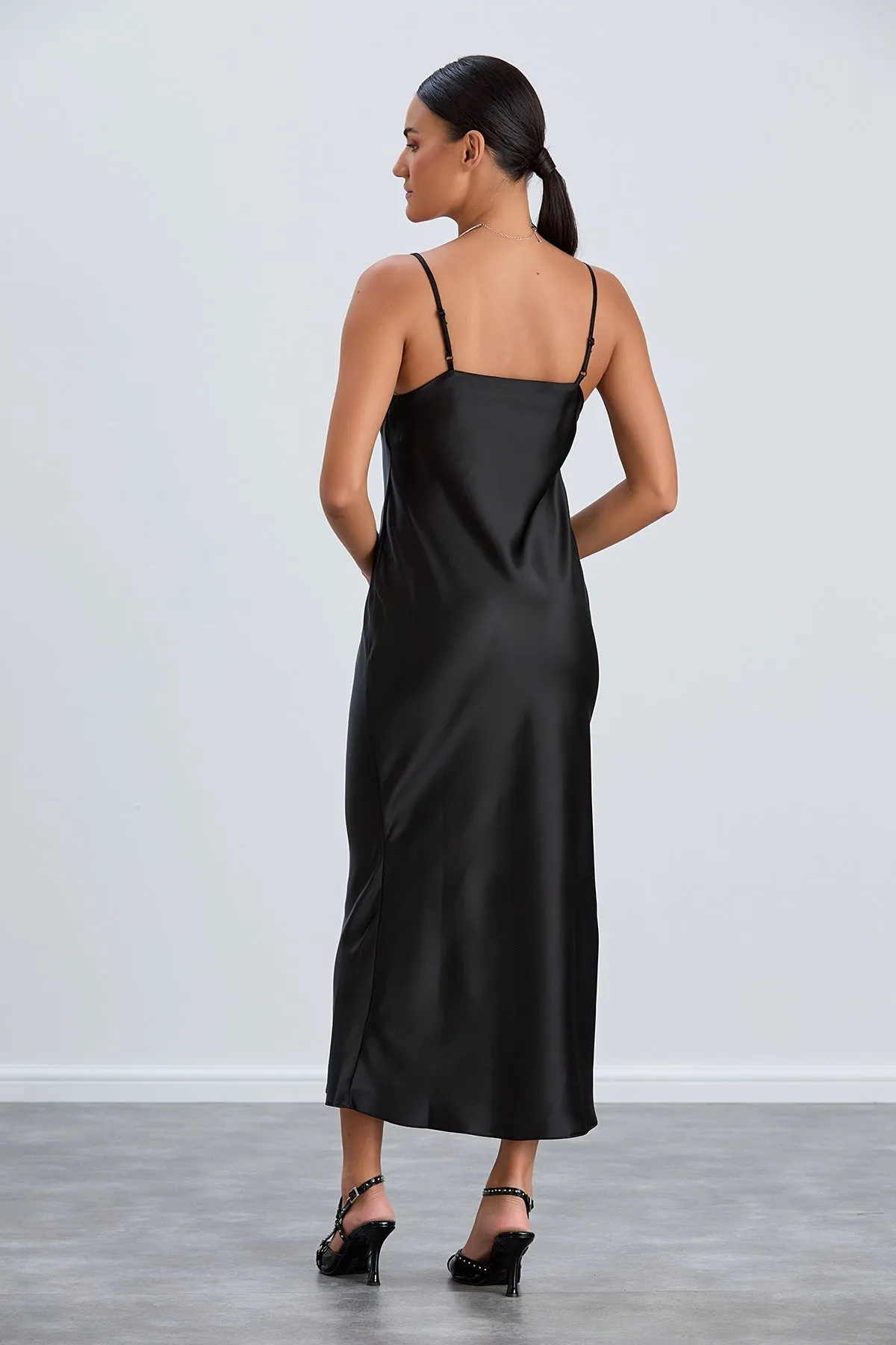 Black Satin Cami Dress with Delicate Lace