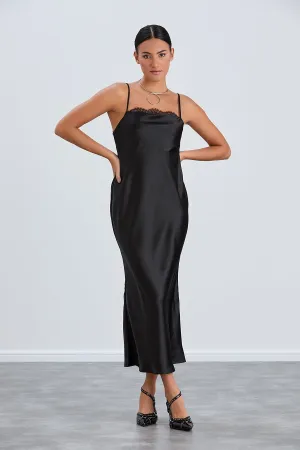 Black Satin Cami Dress with Delicate Lace