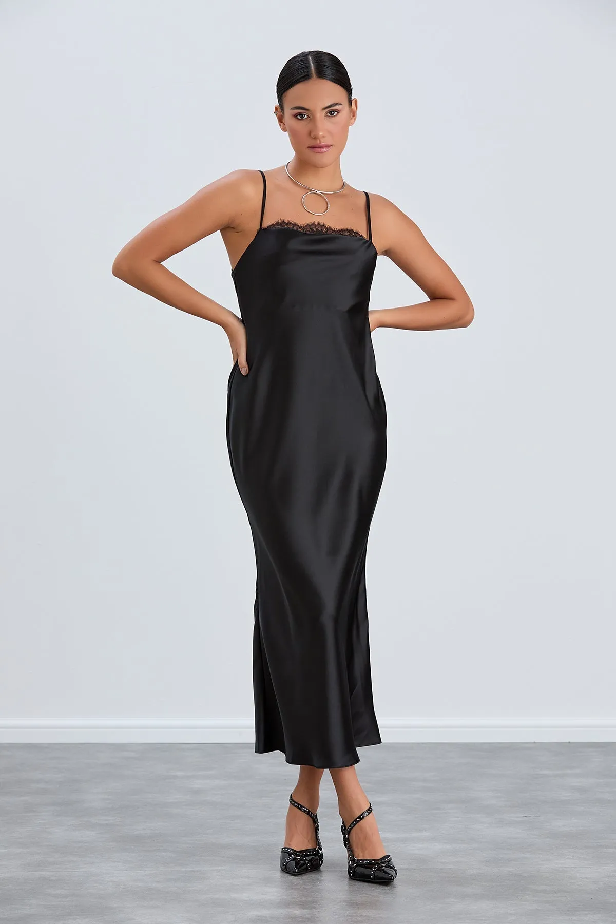 Black Satin Cami Dress with Delicate Lace