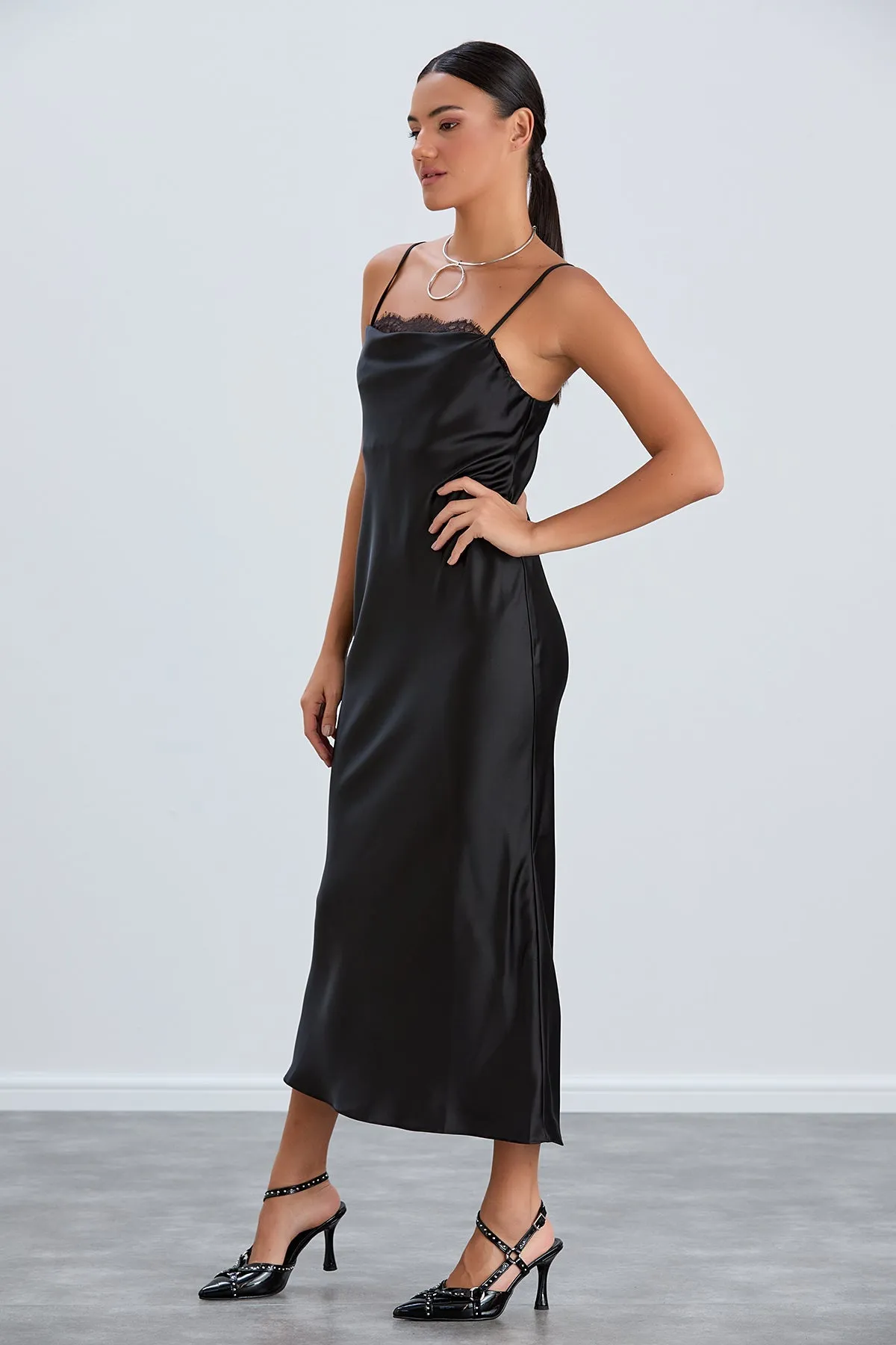 Black Satin Cami Dress with Delicate Lace