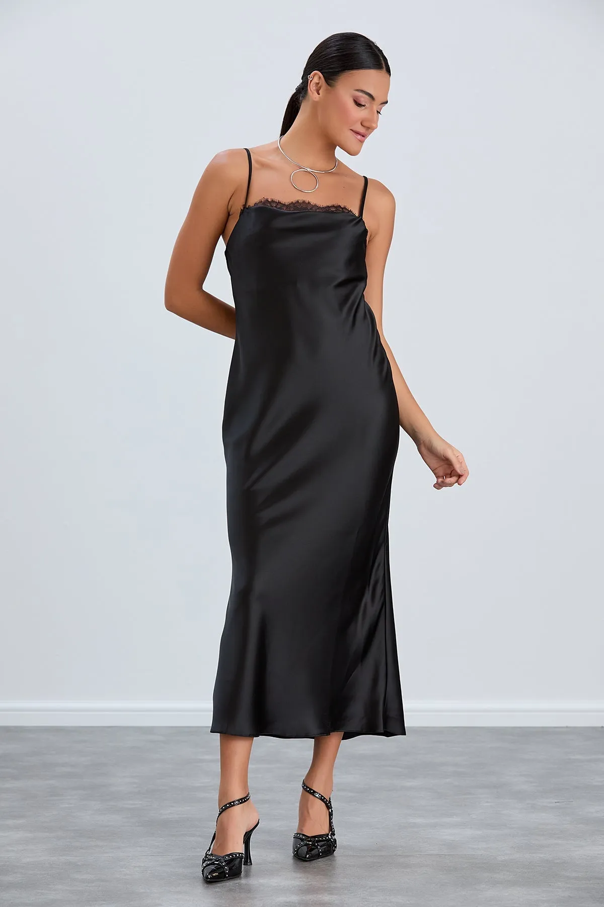 Black Satin Cami Dress with Delicate Lace