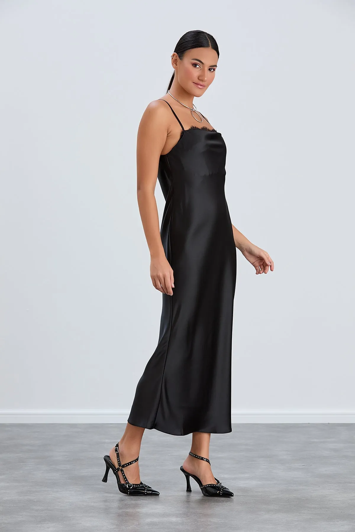Black Satin Cami Dress with Delicate Lace