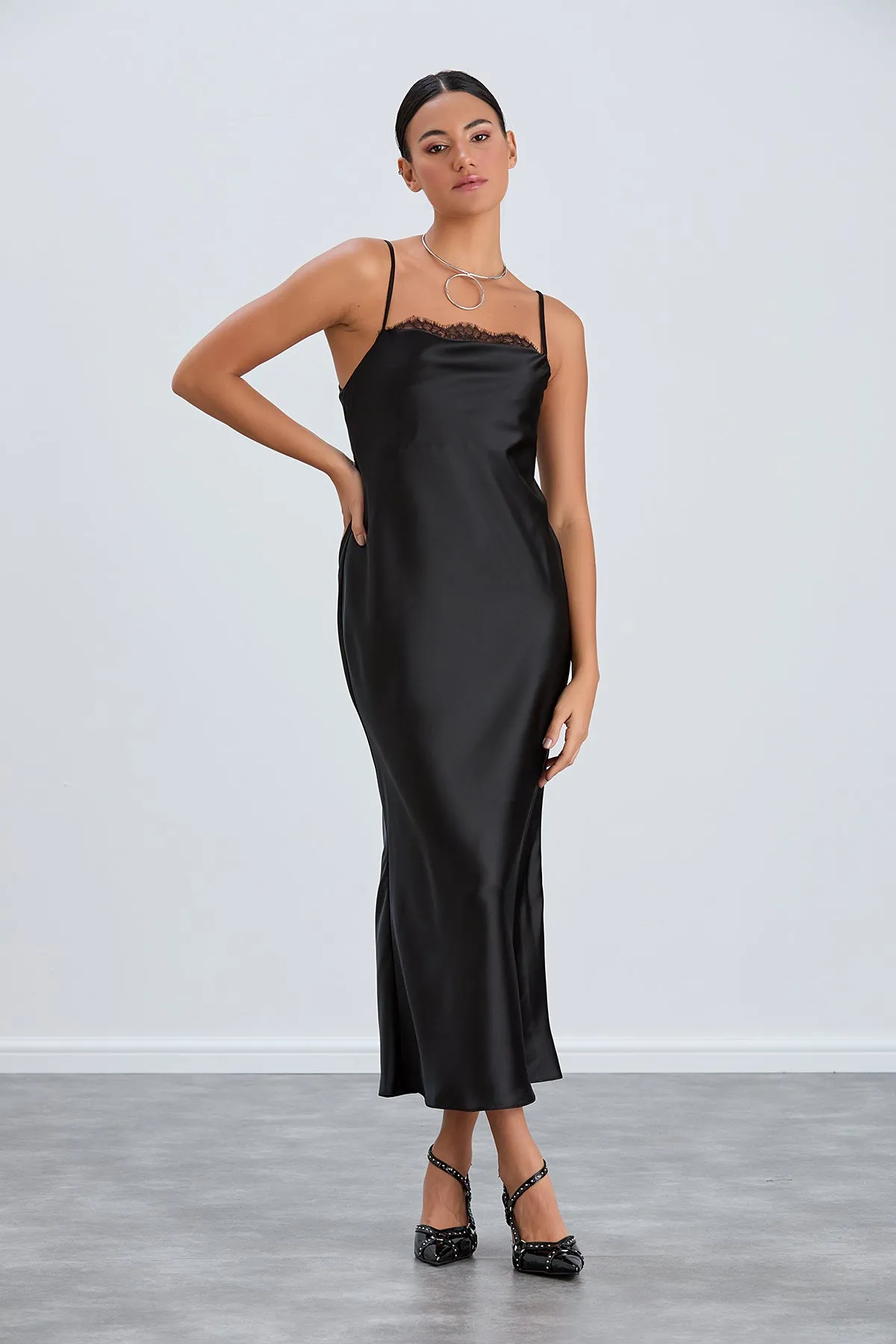 Black Satin Cami Dress with Delicate Lace