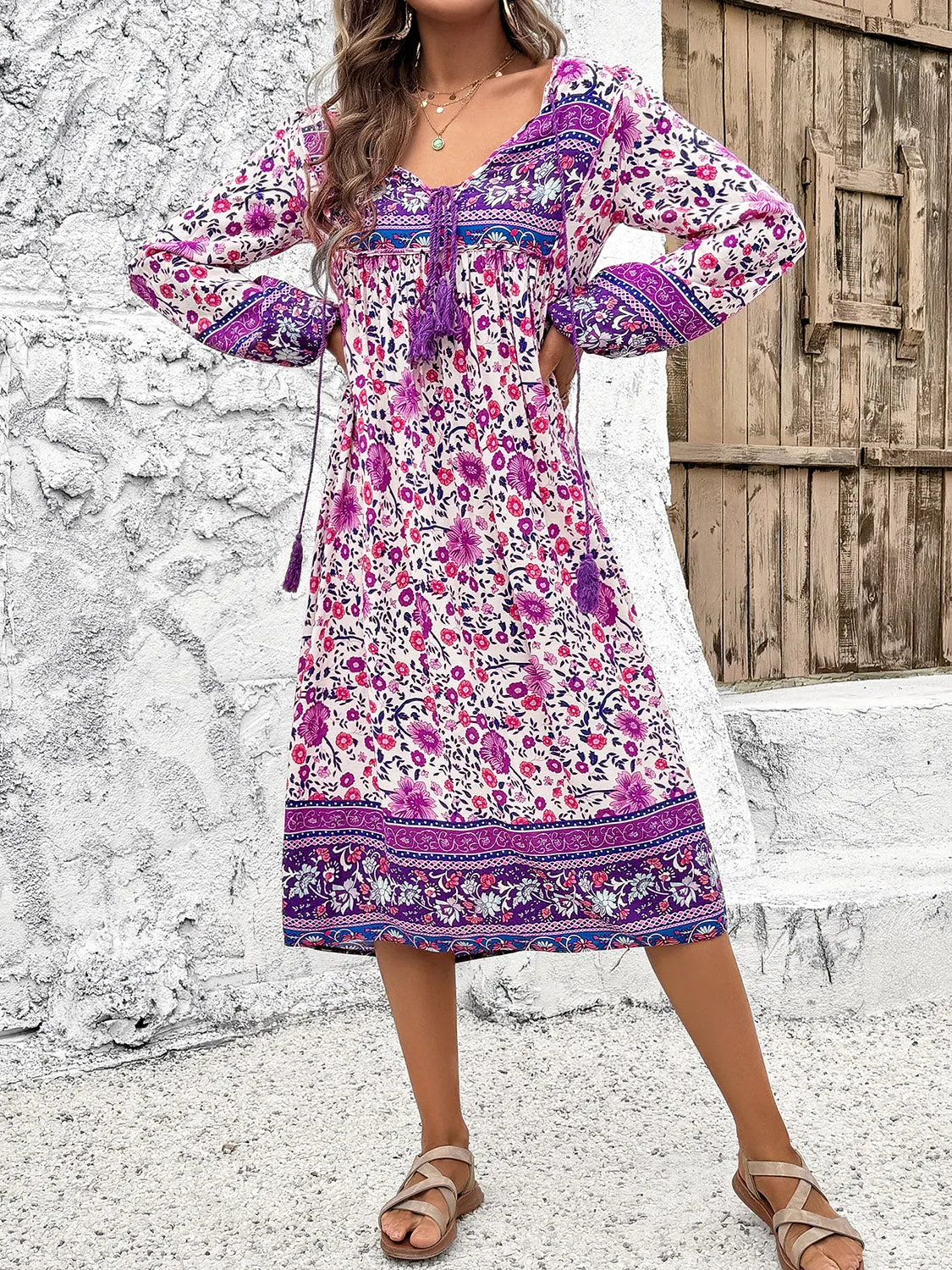 Blue Zone Planet |  Raven's Tassel Tied Boho Printed Long Sleeve Midi Dress