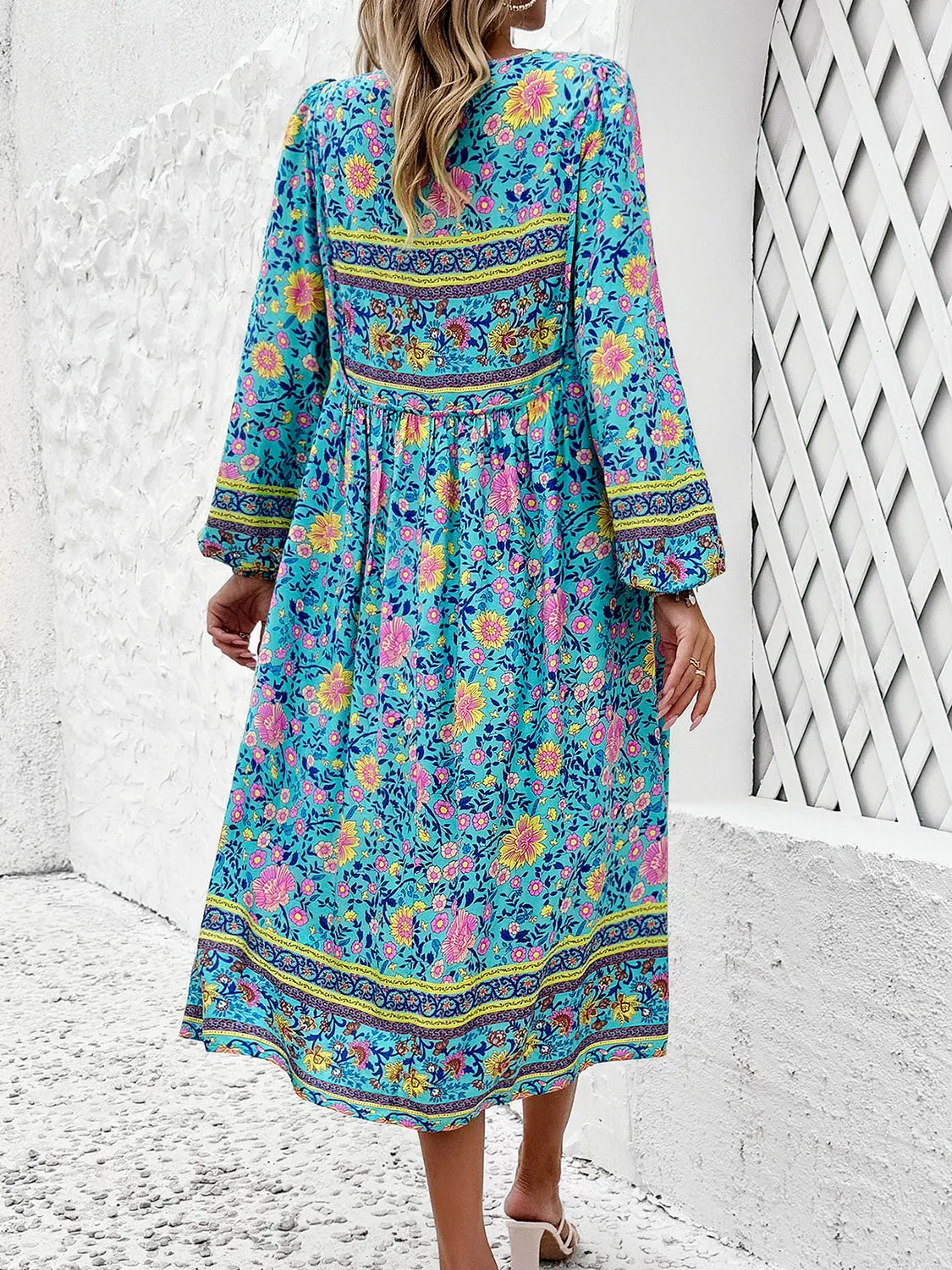 Blue Zone Planet |  Raven's Tassel Tied Boho Printed Long Sleeve Midi Dress