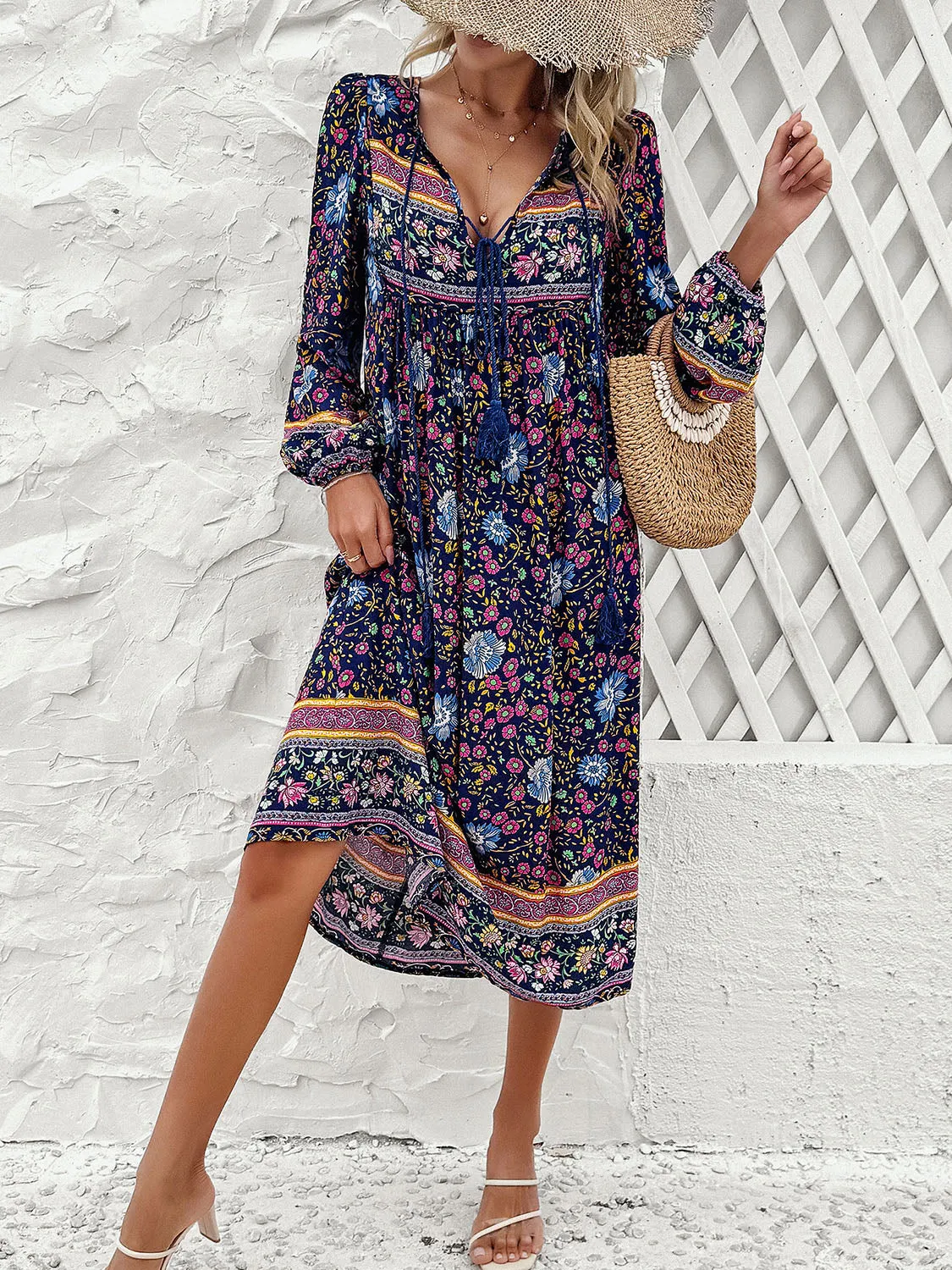 Blue Zone Planet |  Raven's Tassel Tied Boho Printed Long Sleeve Midi Dress