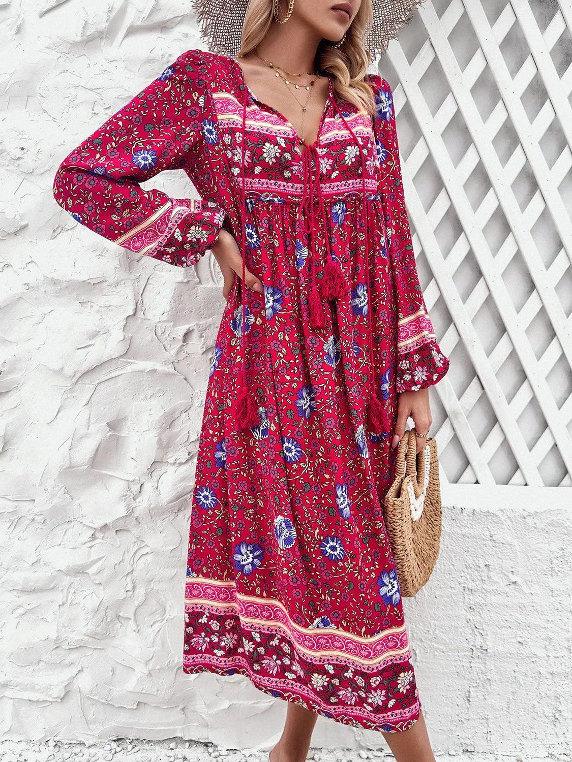 Blue Zone Planet |  Raven's Tassel Tied Boho Printed Long Sleeve Midi Dress