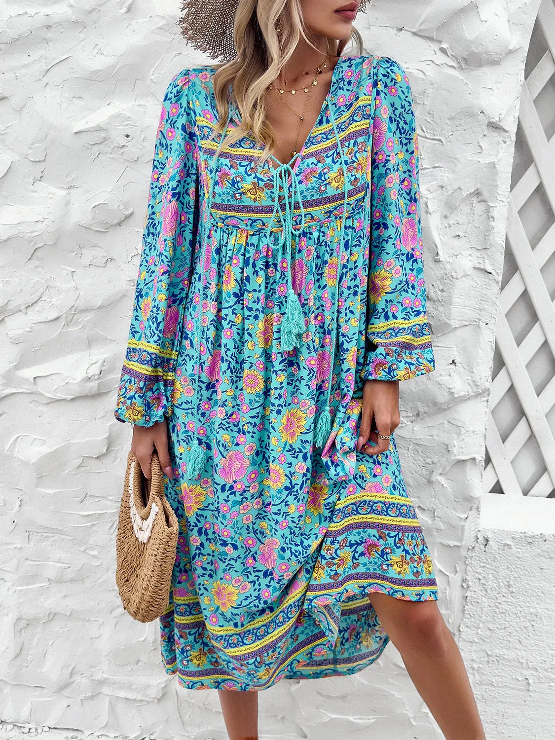 Blue Zone Planet |  Raven's Tassel Tied Boho Printed Long Sleeve Midi Dress