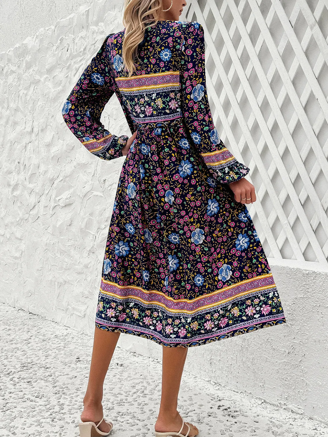 Blue Zone Planet |  Raven's Tassel Tied Boho Printed Long Sleeve Midi Dress