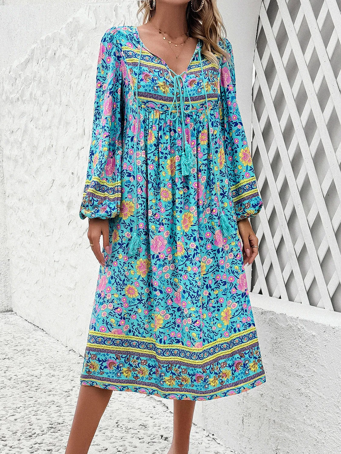 Blue Zone Planet |  Raven's Tassel Tied Boho Printed Long Sleeve Midi Dress
