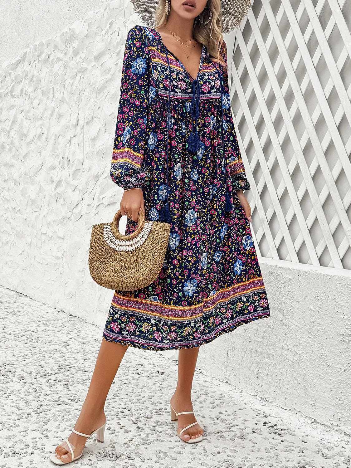 Blue Zone Planet |  Raven's Tassel Tied Boho Printed Long Sleeve Midi Dress