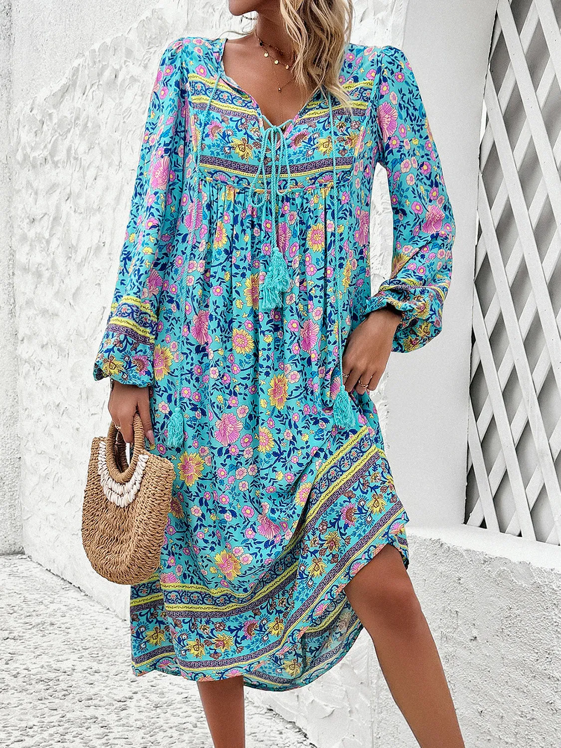Blue Zone Planet |  Raven's Tassel Tied Boho Printed Long Sleeve Midi Dress
