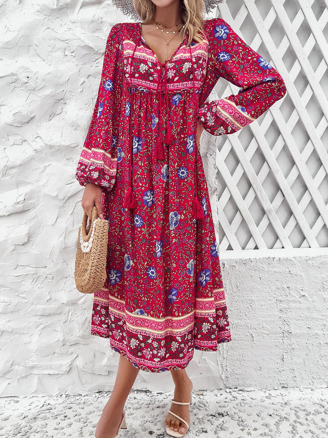 Blue Zone Planet |  Raven's Tassel Tied Boho Printed Long Sleeve Midi Dress