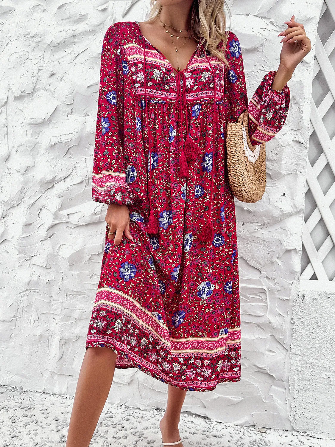 Blue Zone Planet |  Raven's Tassel Tied Boho Printed Long Sleeve Midi Dress