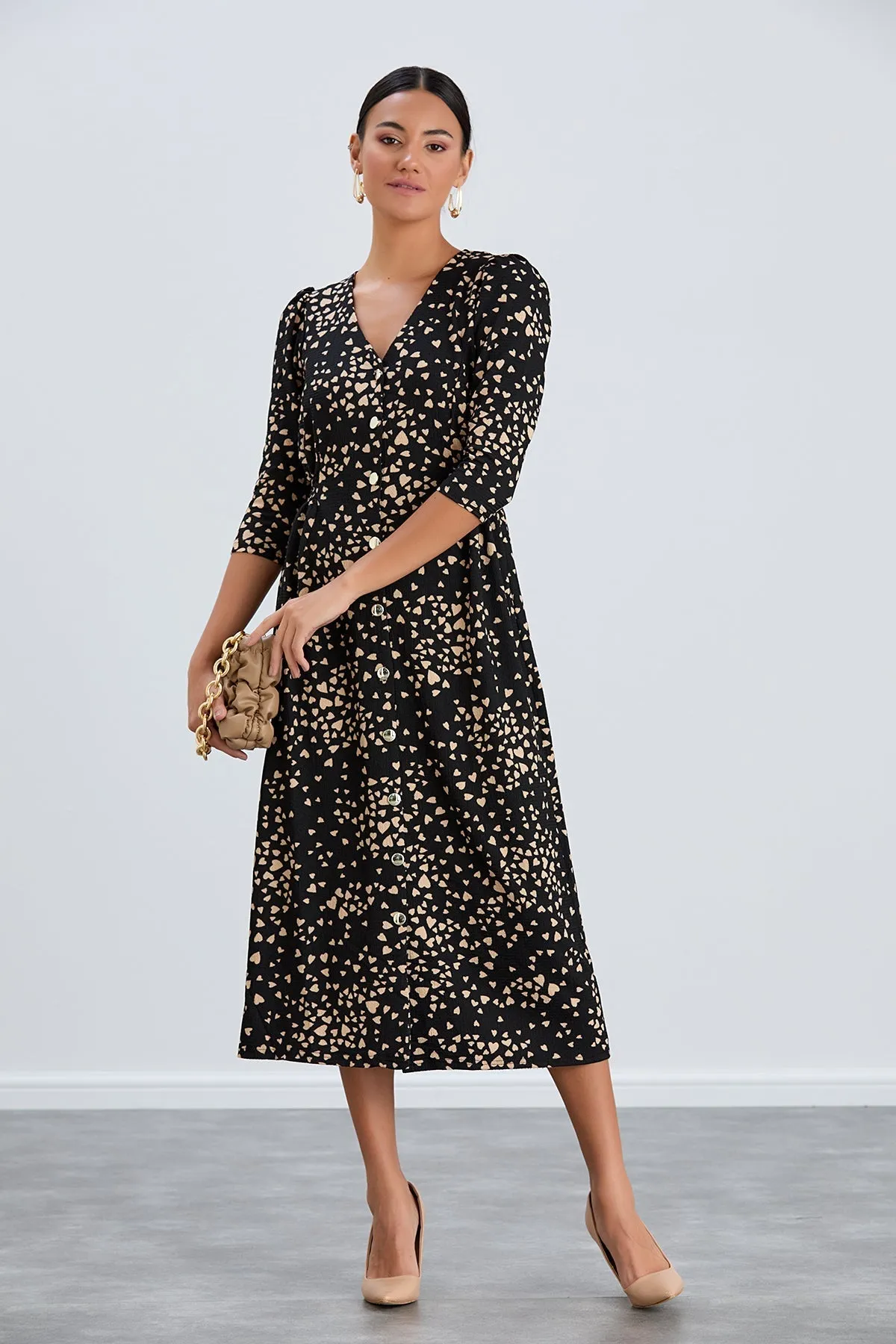 Boho Charm Elastic Waist Shirt Dress in Black print