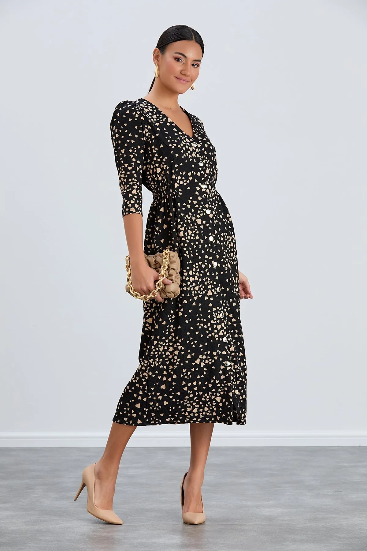 Boho Charm Elastic Waist Shirt Dress in Black print