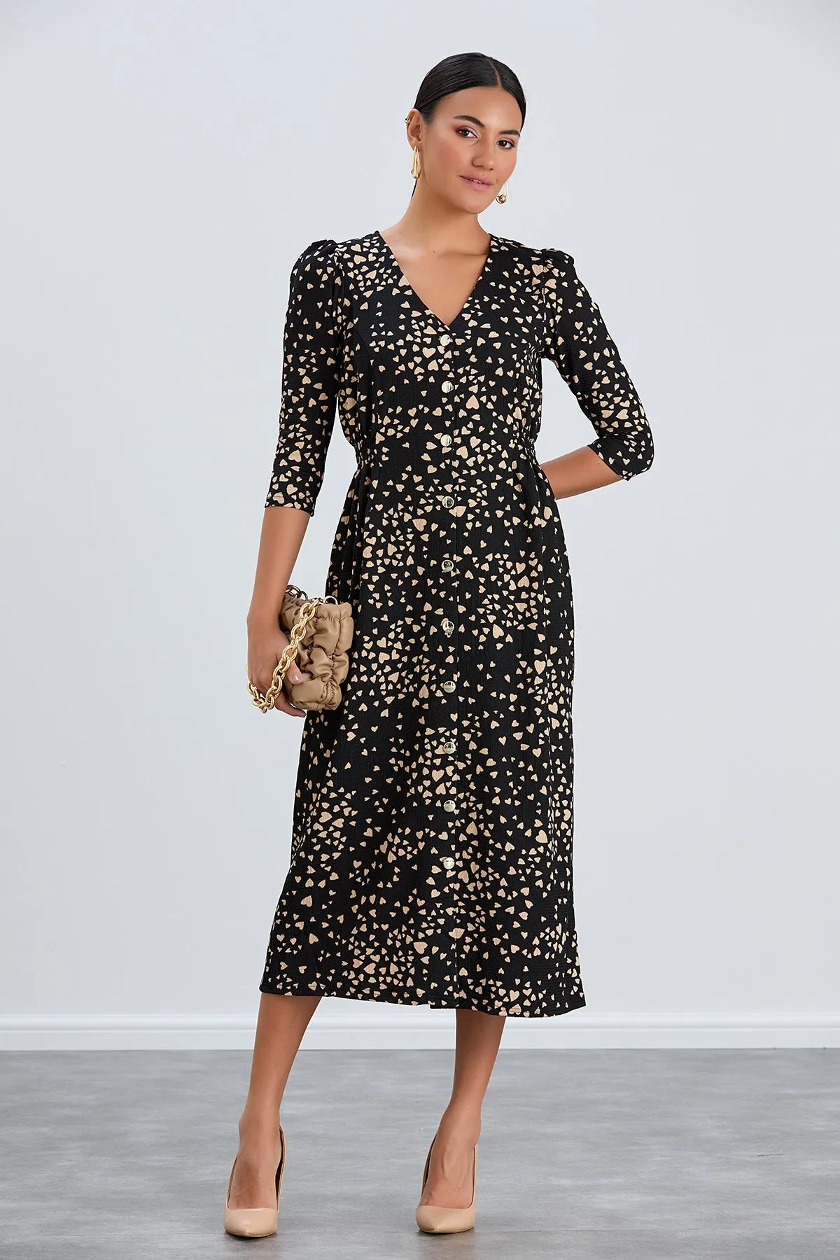 Boho Charm Elastic Waist Shirt Dress in Black print