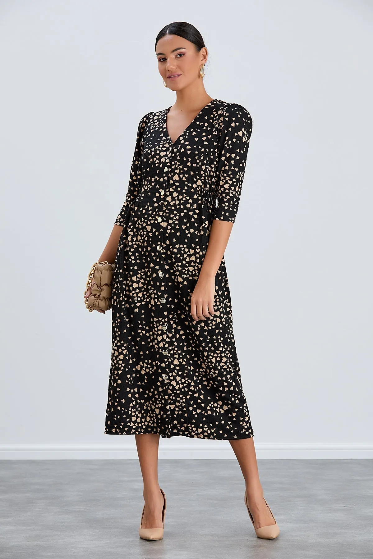 Boho Charm Elastic Waist Shirt Dress in Black print