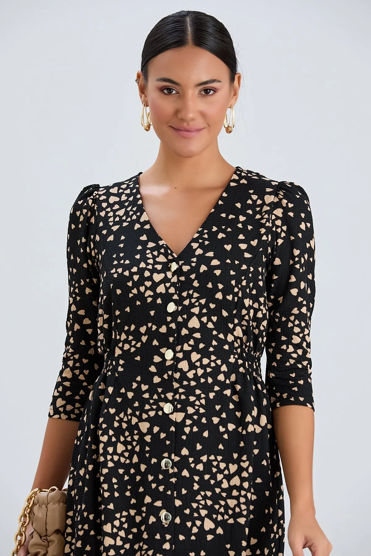 Boho Charm Elastic Waist Shirt Dress in Black print