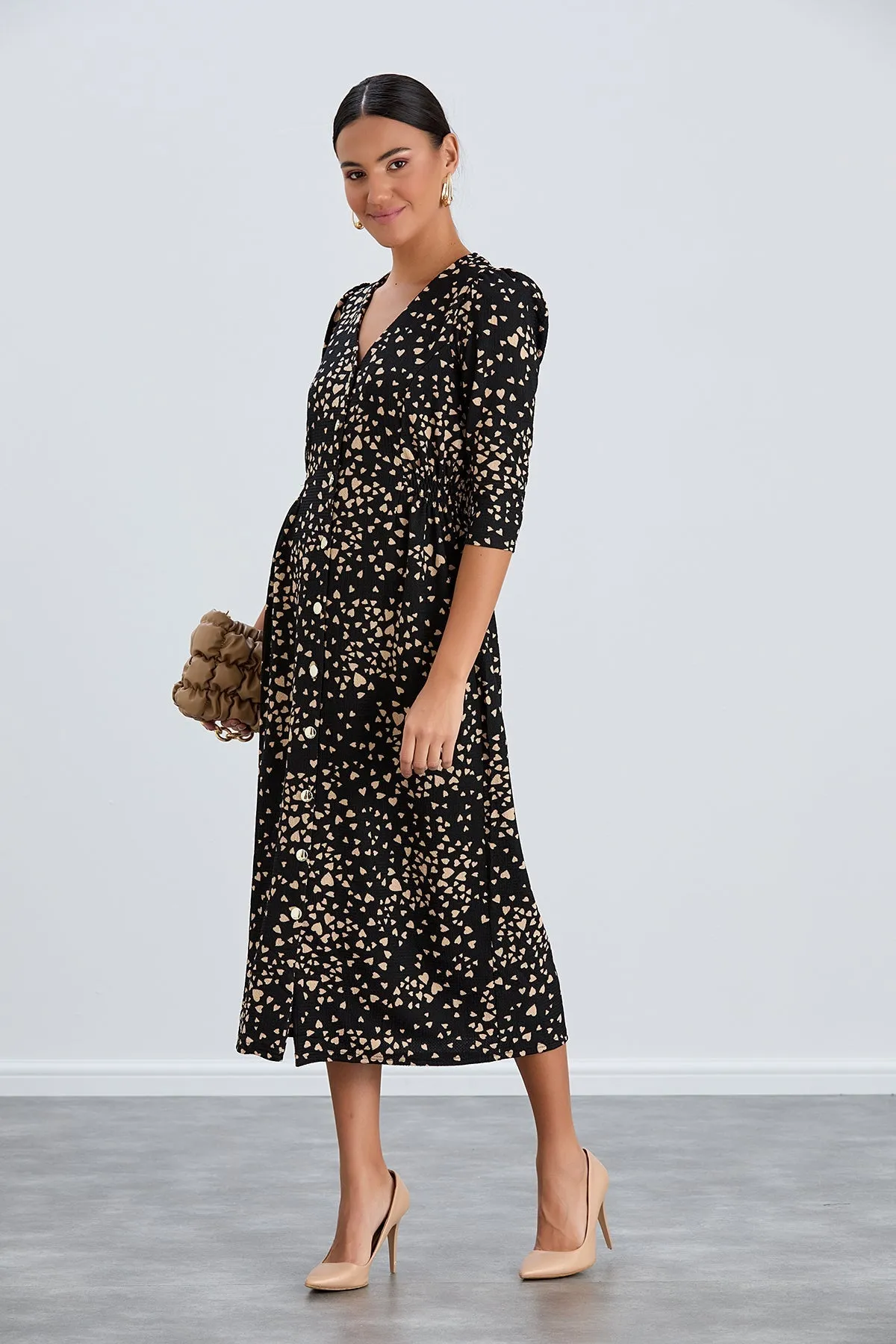 Boho Charm Elastic Waist Shirt Dress in Black print