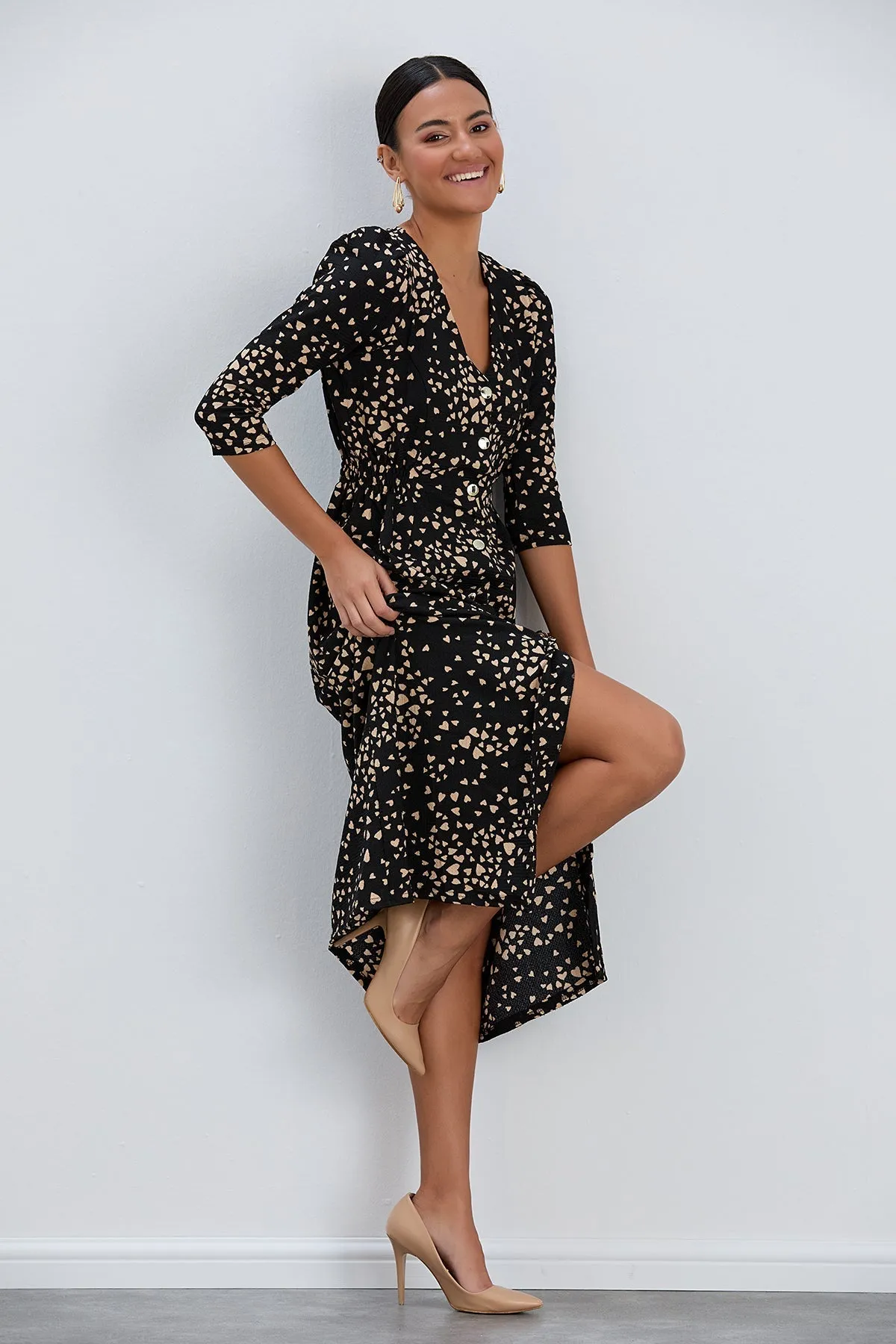 Boho Charm Elastic Waist Shirt Dress in Black print