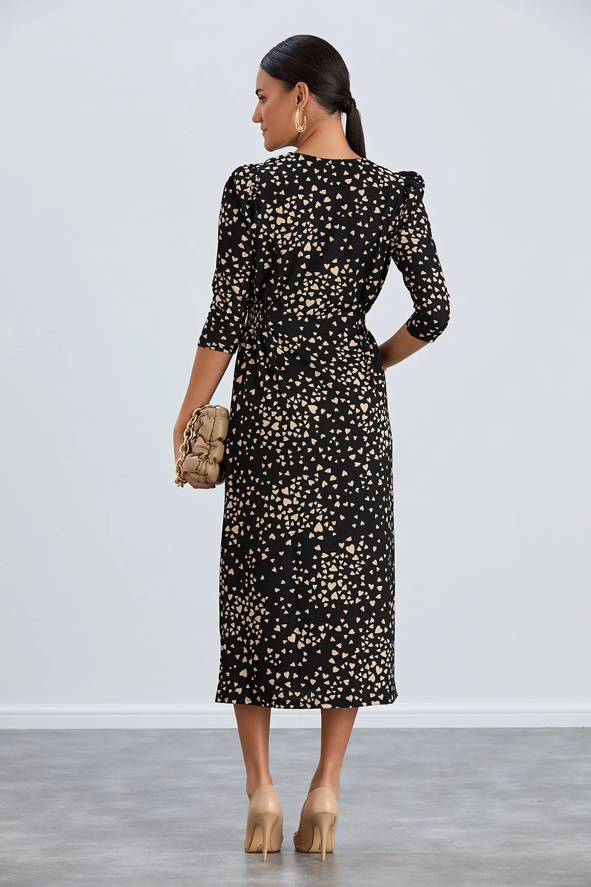 Boho Charm Elastic Waist Shirt Dress in Black print
