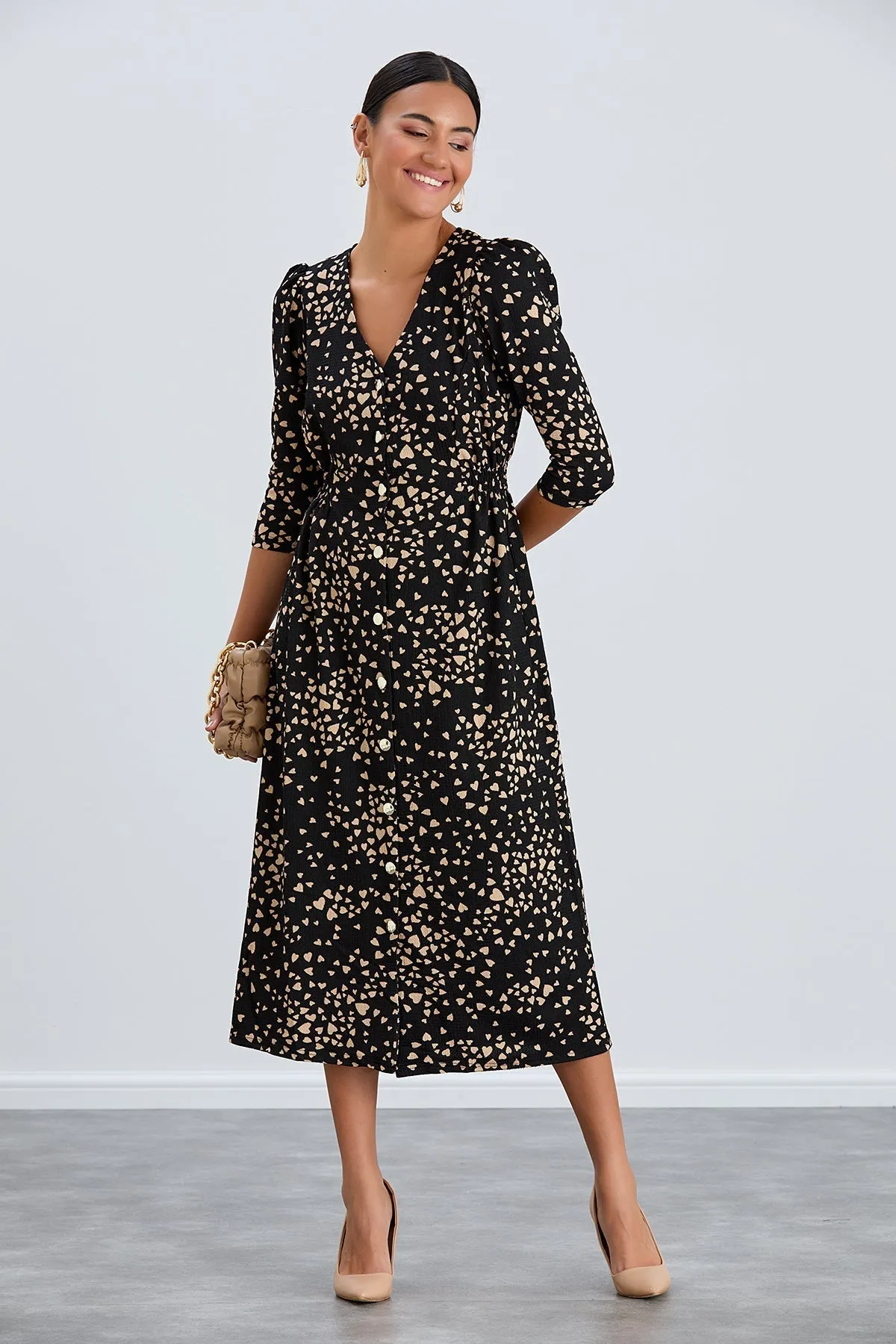 Boho Charm Elastic Waist Shirt Dress in Black print